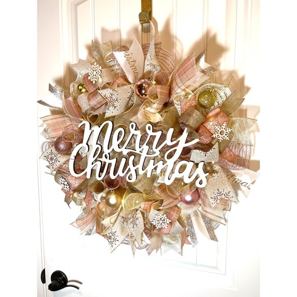 Christmas Snowflake Holiday Ribbon Door Wreath Handmade 22 ins LED W42 Gold Pink - Picture 3 of 12